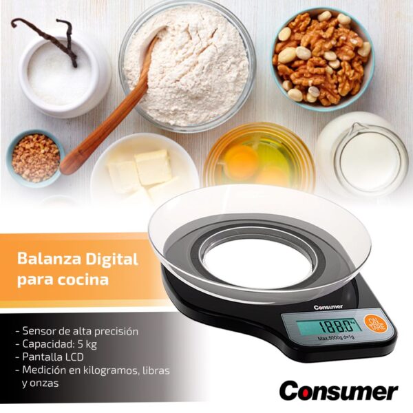 BALANZA DIGITAL PARA COCINA CON BOL 5KG CONSUMER - Imagen 2
