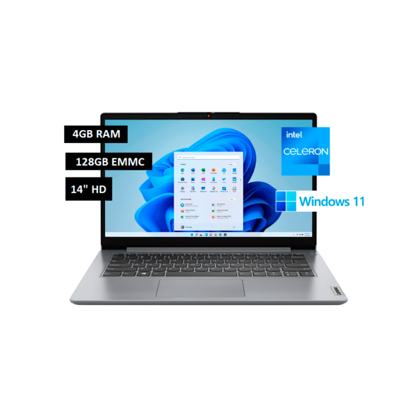 NOTEBOOK LENOVO IDEAPAD 1 82V60065US CEL 1.1/4/128EMMC/W11H/14" HD/GRIS - Imagen 2