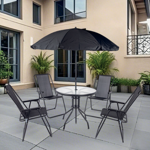 JUEGO DE JARDIN NEGRO GOLEADER 6 PIEZAS MESA REDONDA CON SOMBRILLA GL-25013